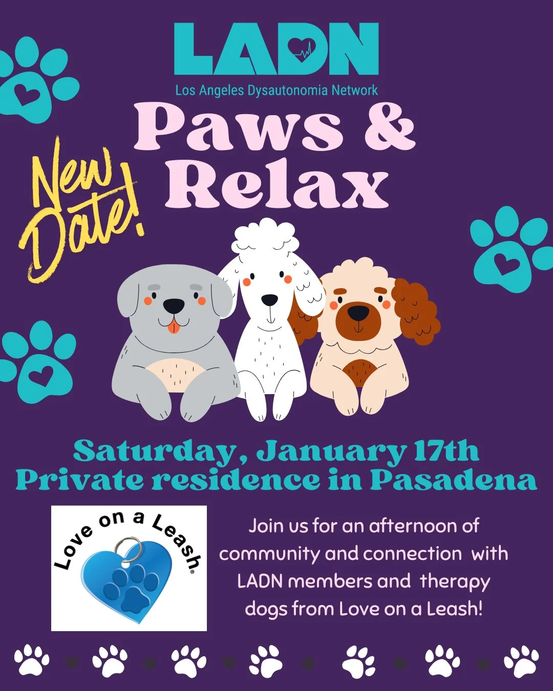 🐾 Announcement!🐾 We've got a new date scheduled for our &quot;Paws &amp; Relax&quot; therapy dog event that was rained out in November: Saturday, January 17th! Mark your calendars! The event will be from 2:00-4:00pm in Pasadena. ⁠
You can RSVP at: 