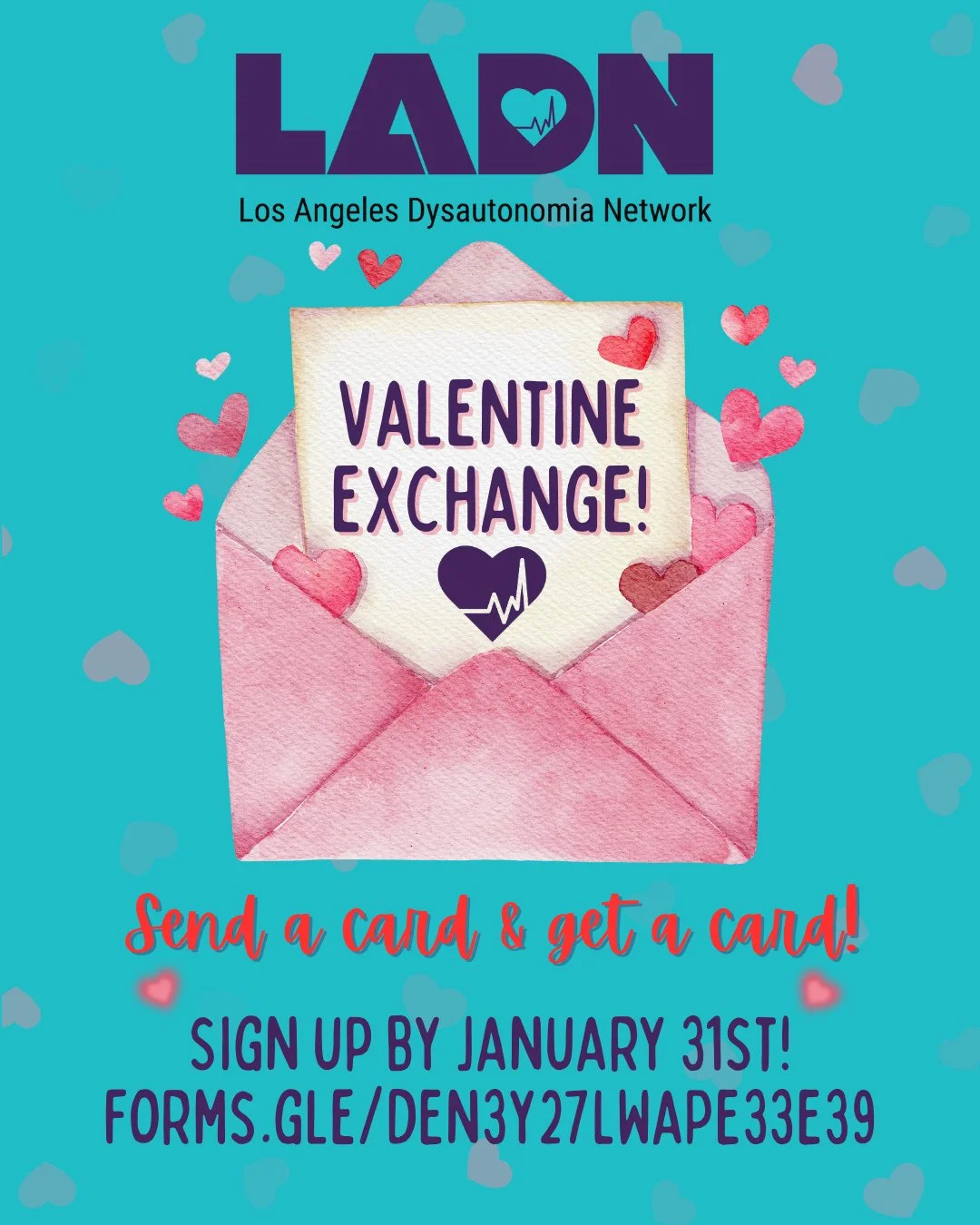 💌 Love snail mail? 💌 Sign up for our 2026 valentine exchange by Saturday, January 31st! 🩵💜 We'll randomly match you with another LADN member to send a valentine to -- and you'll receive one in the mail in return! We encourage both teens and adult