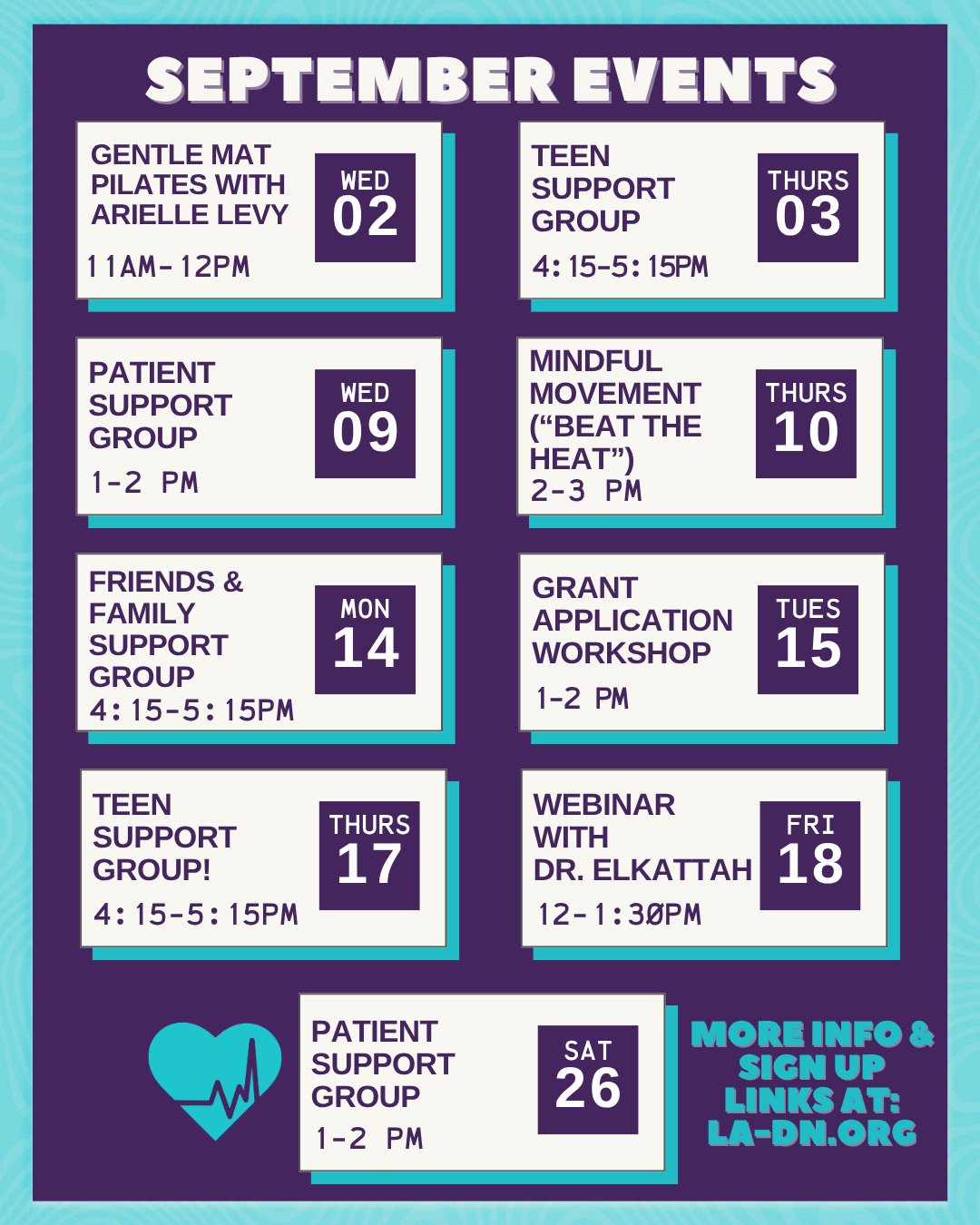 September is here, and we're delighted to share our schedule of upcoming events! You can find more information and sign up links to our programs on our website at: LA-DN.org/events.⁠
⁠
🩵Wednesday, September 2nd, 2026: Gentle Mat Pilates with Arielle