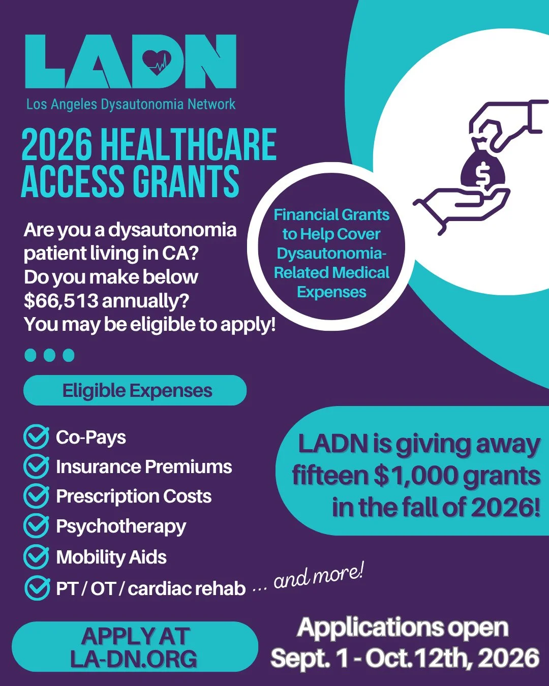 🩺 We know managing dysautonomia comes with a heavy financial burden&mdash; and we want to help lighten it. LADN is offering fifteen $1,000 healthcare access grants to eligible CA patients this fall, covering things like co-pays, prescriptions, mobil