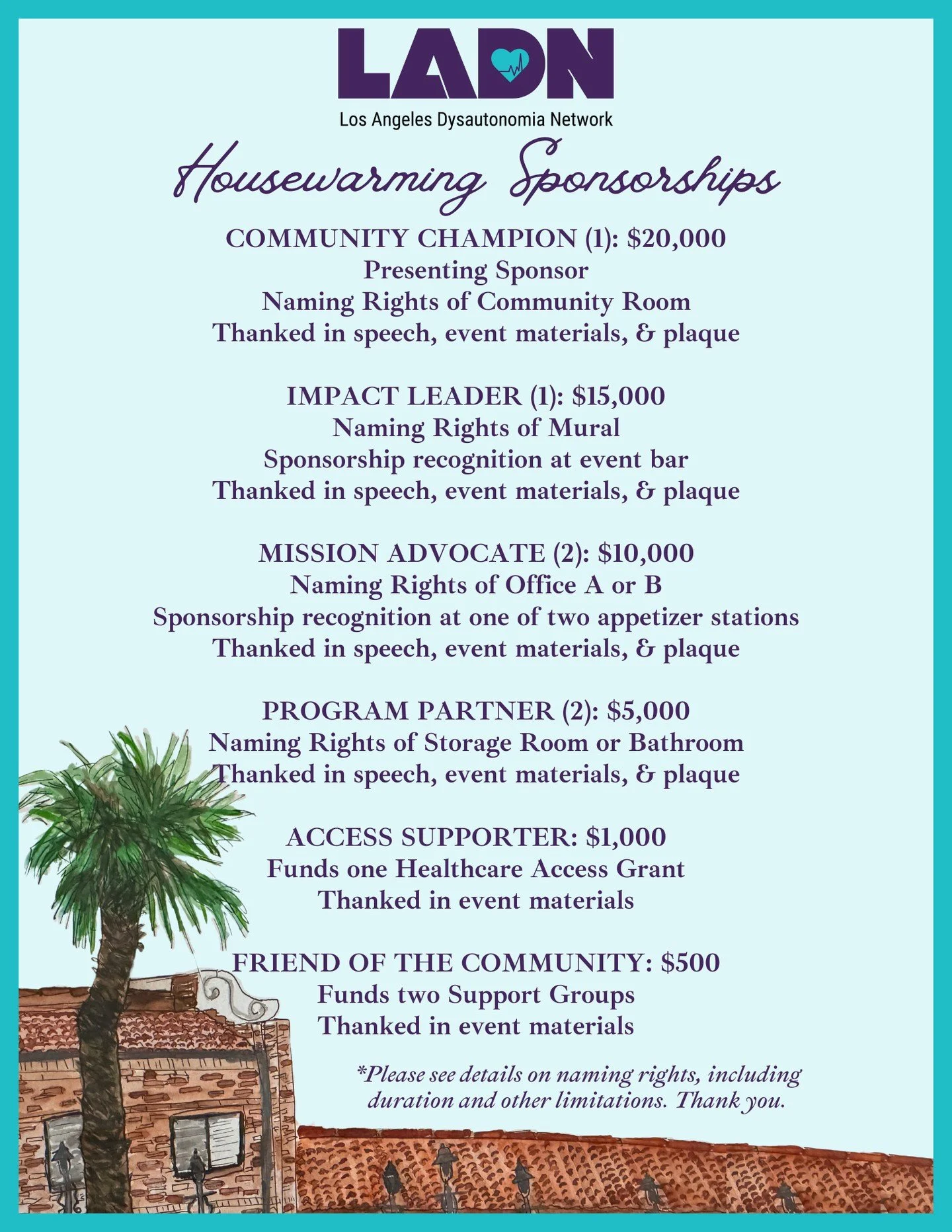 Be a part of LADN history!!⁠
For our upcoming October 3rd Housewarming Fundraiser, we have a range of sponsorship levels and perks available, including:⁠
💜Exclusive naming rights to our new community room, office spaces, etc.⁠
🩵Sponsoring a full he