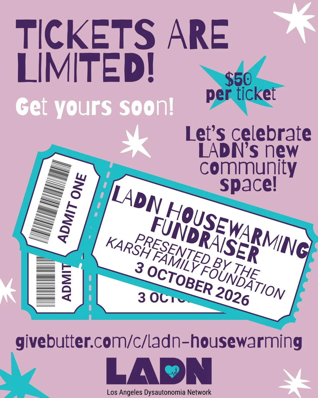 LADN's Housewarming Fundraiser, presented by the Karsh Family Foundation, is coming up in a little over 2 weeks on Saturday, October 3rd, 4-7pm!⁠
⁠
Due to the size of our space, tickets are limited -- so grab yours soon! We can't wait to celebrate LA