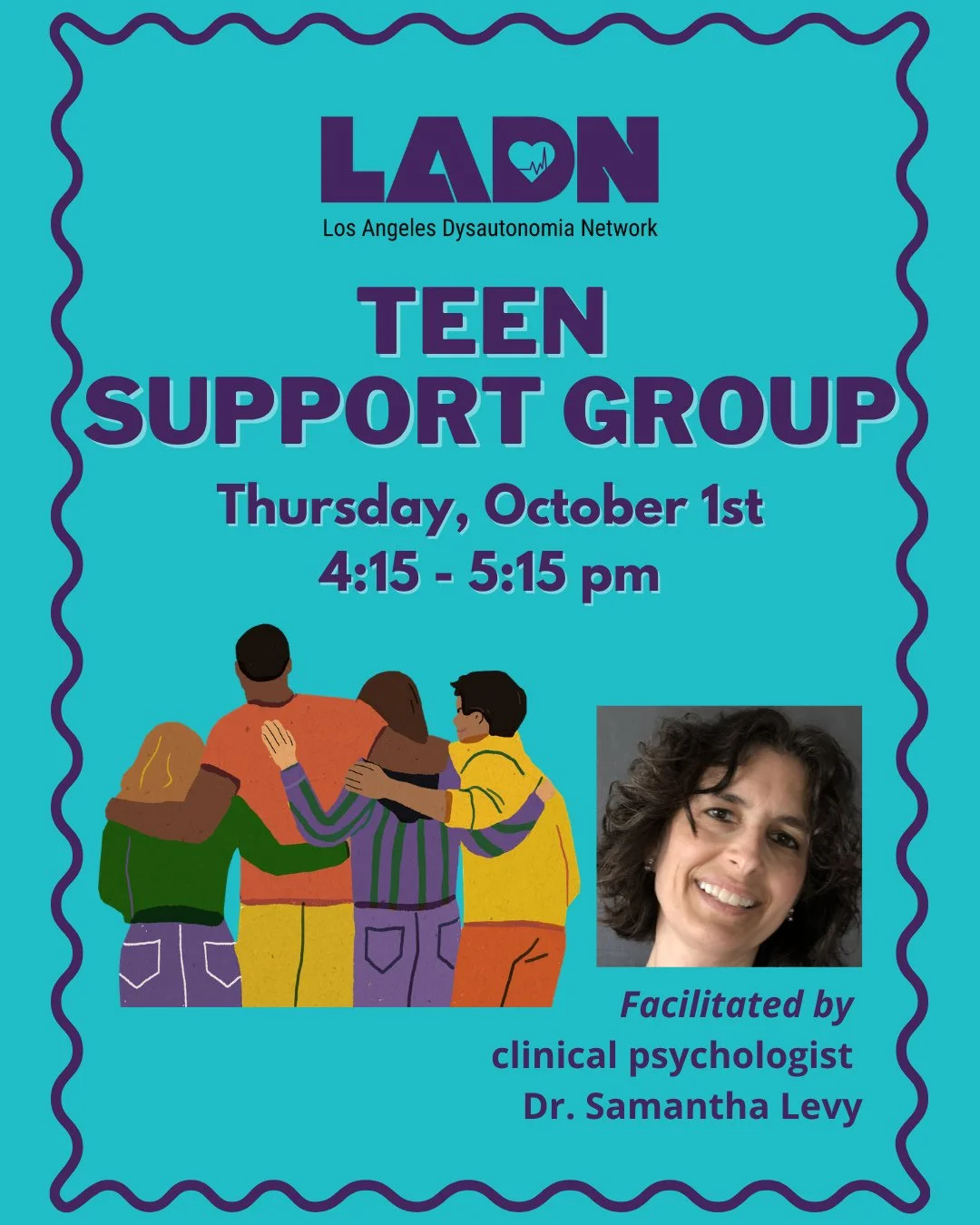 We invite all teens ages 13-19 with dysautonomia to join us for our teen support group! The group will be meeting this Thursday, October 1st at 4:15pm on Zoom. Clinical psychologist Dr. Samantha Levy will be facilitating the group. ⁠
Please sign up t