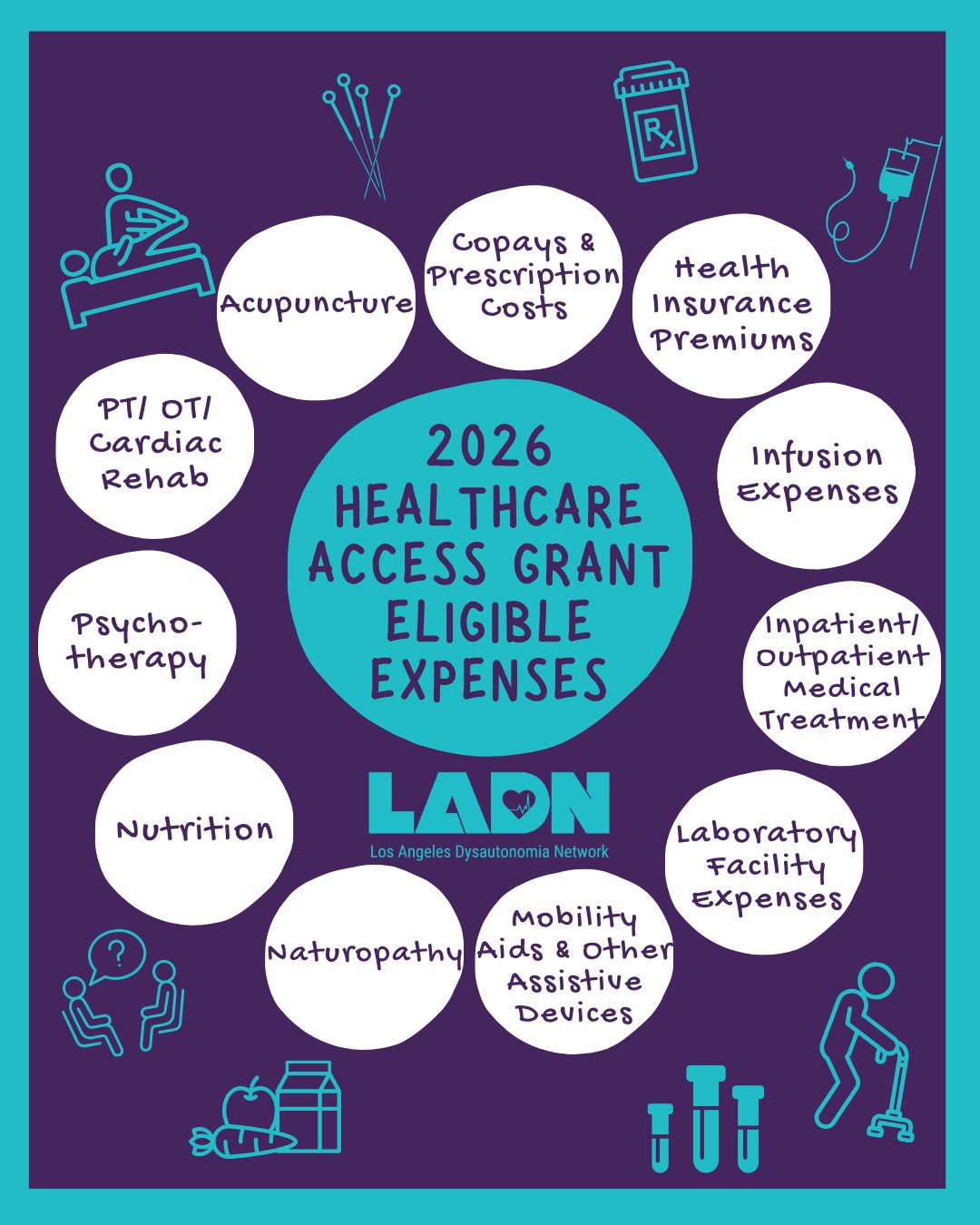 Wondering what types of dysautonomia care expenses a healthcare access grant can be applied toward?⁠
Grants can be used toward any dysautonomia healthcare related expenses that are not covered by insurance including but not limited to:⁠
⁠
💜acupunctu