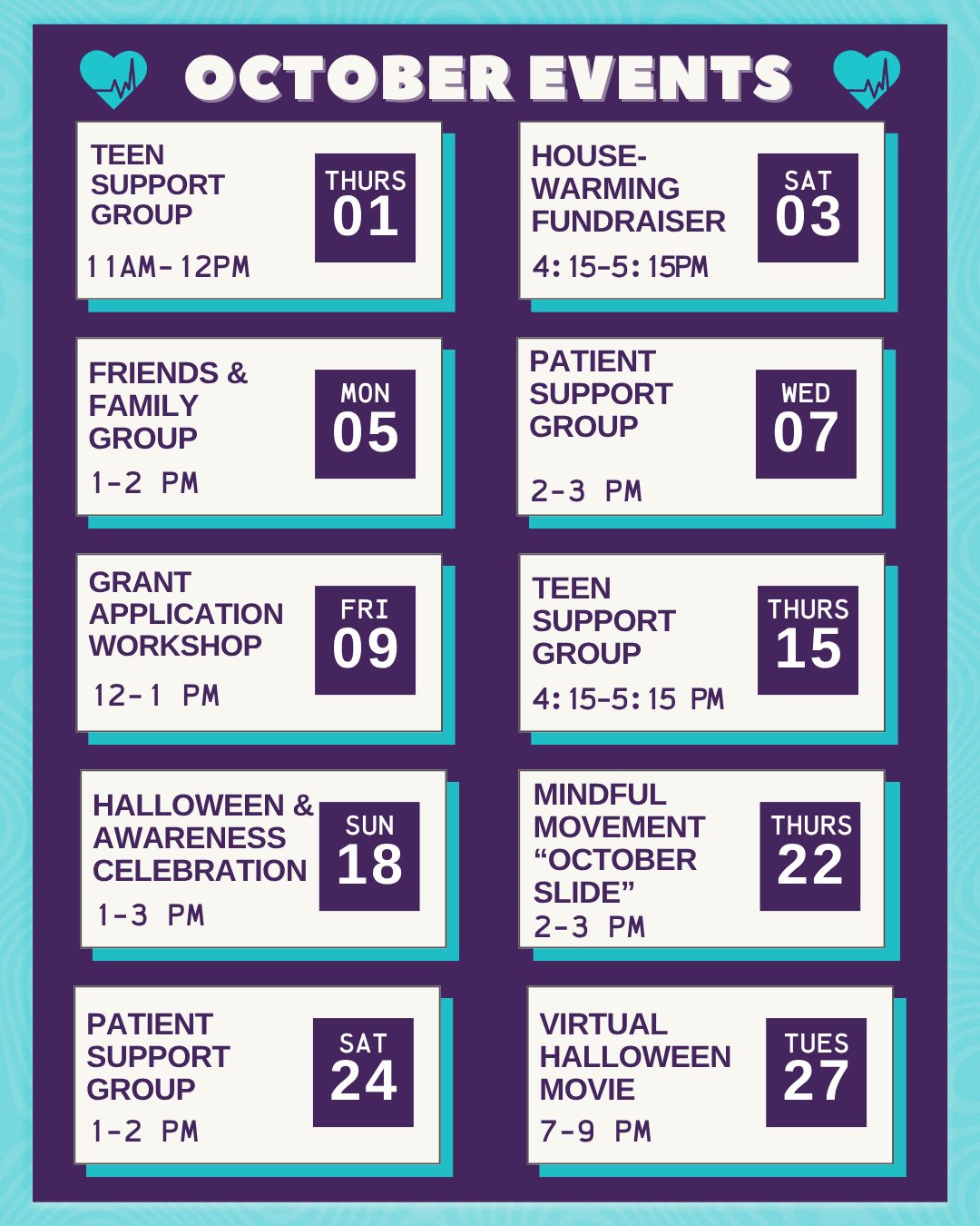 October is Dysautonomia Awareness Month, and we're celebrating with a full lineup of programming! From our October 3rd Housewarming to our October 18th Halloween &amp; Awareness Month celebration, we hope you'll join us in community throughout the mo