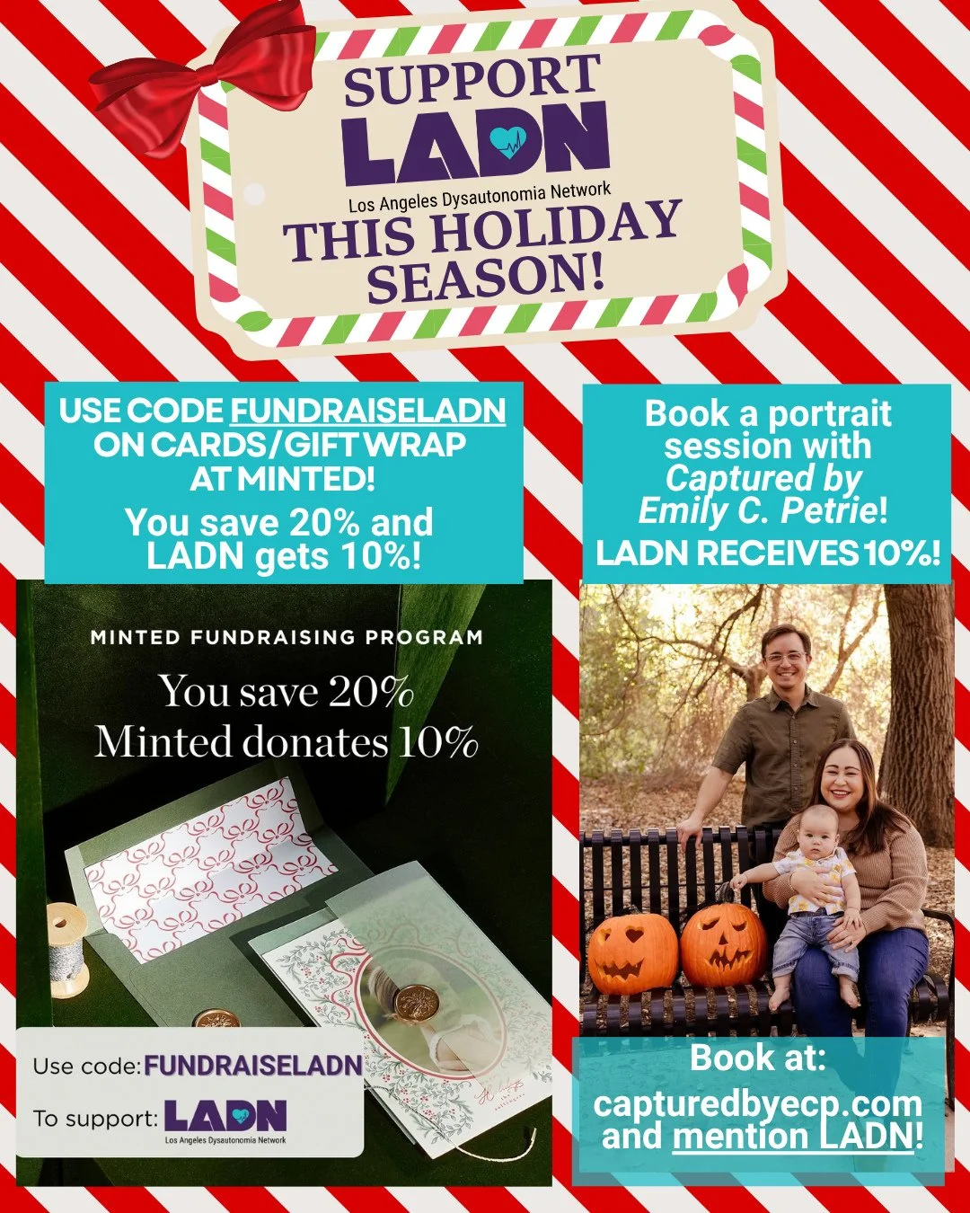 The holiday season is just around the corner! ❄️ Support LADN by booking your family portrait session and holiday card order! ⁠
⁠
🎁Minted:⁠
Get your holiday cards, gift wrap, ornaments, etc. at Minted! @minted ⁠
Use code FUNDRAISELADN to get 20% off