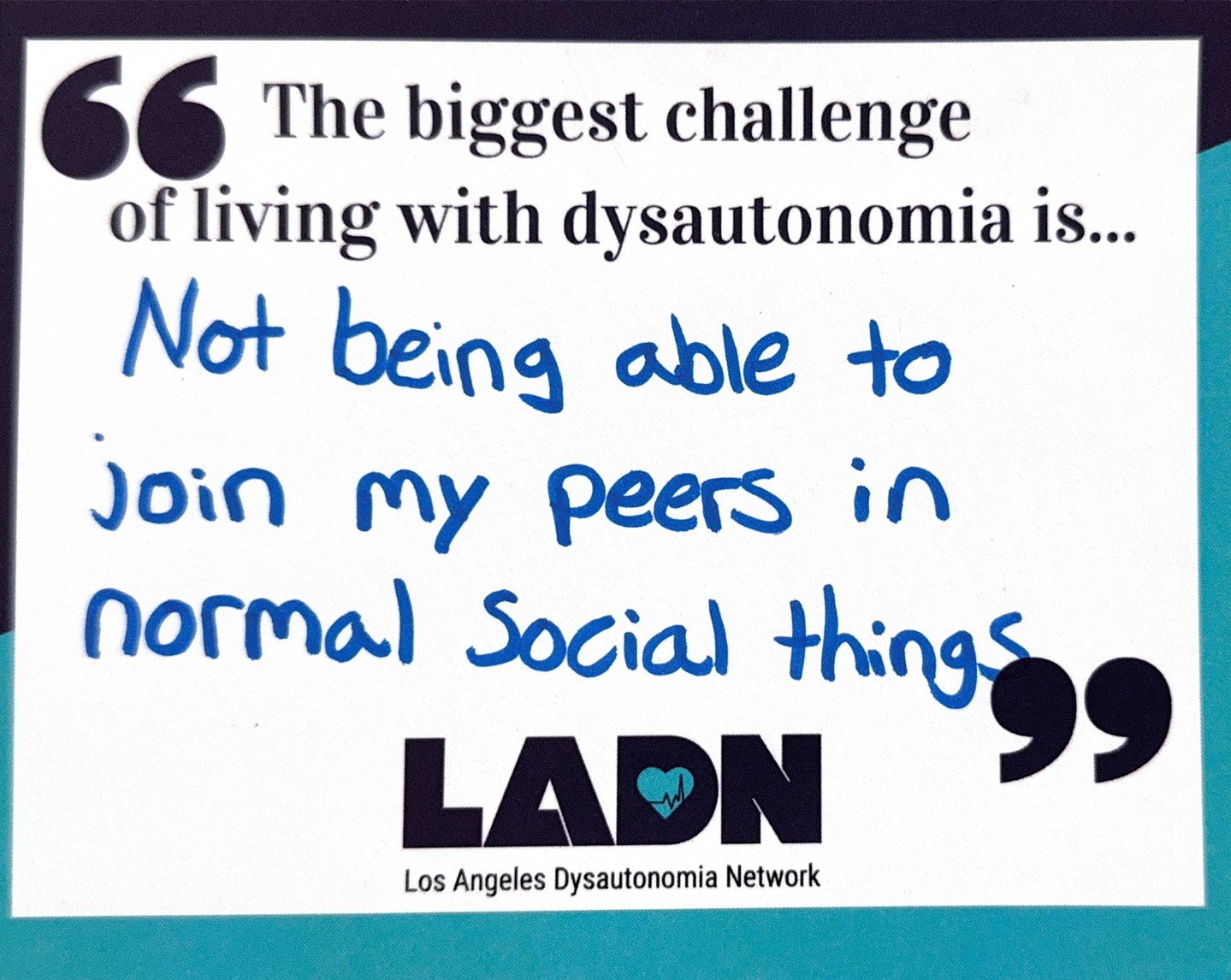 In honor of October's Dysautonomia Awareness Month, we'll be posting some of the cards that our members have written on our dysautonomia awareness wall. ⁠
⁠
There are many challenges that dysautonomia can cause, and one of the biggest is that the sym