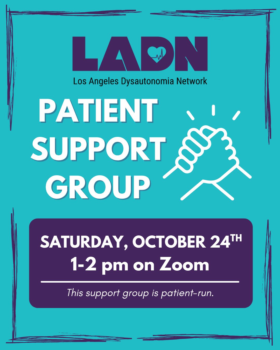 Please join us for our patient support group this Saturday, October 24th at 1pm. Our support group provides a space for patients to share their experiences related to dysautonomia, as well as an opportunity to provide and receive support from others 