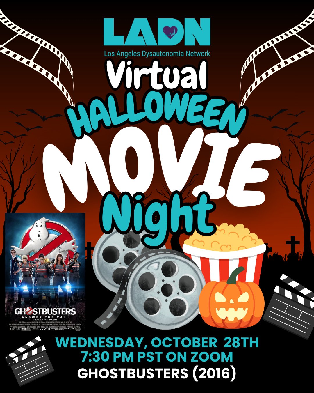 Please join us tomorrow, Wednesday, October 28th for a virtual Halloween movie night! 👻🎃 ⁠
⁠
Join us on Zoom as we stream the 2016 Ghostbusters together! Grab your salty popcorn &amp; electrolyte beverage, and tune in for a fun movie with the LADN 