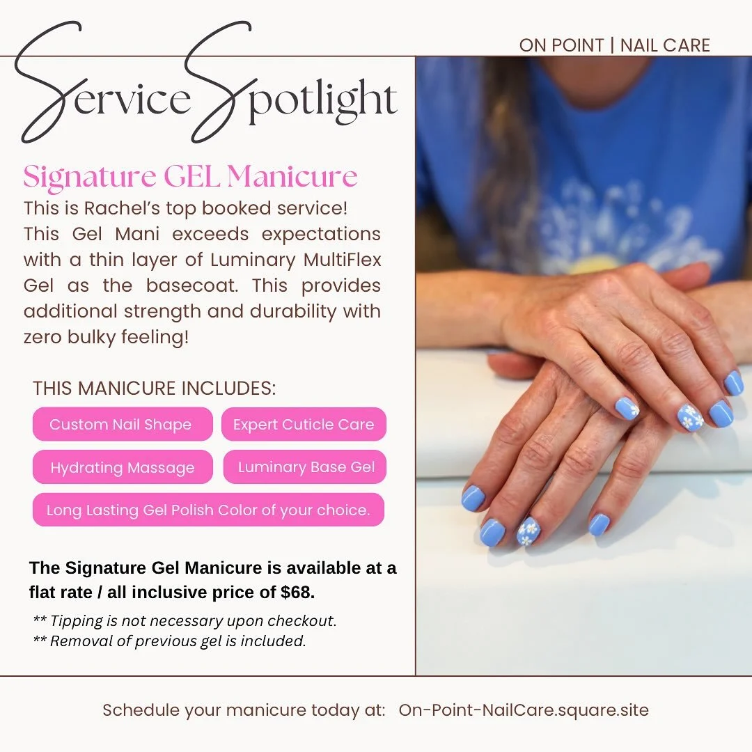 ✨ SERVICE SPOTLIGHT ✨ 
💅🏻 Signature Gel Manicure 
This Gel Mani exceeds expectations with a thin layer of Luminary MultiFlex Gel as the basecoat. This provides additional strength and durability with zero bulky feeling! Are you ready to have long, 