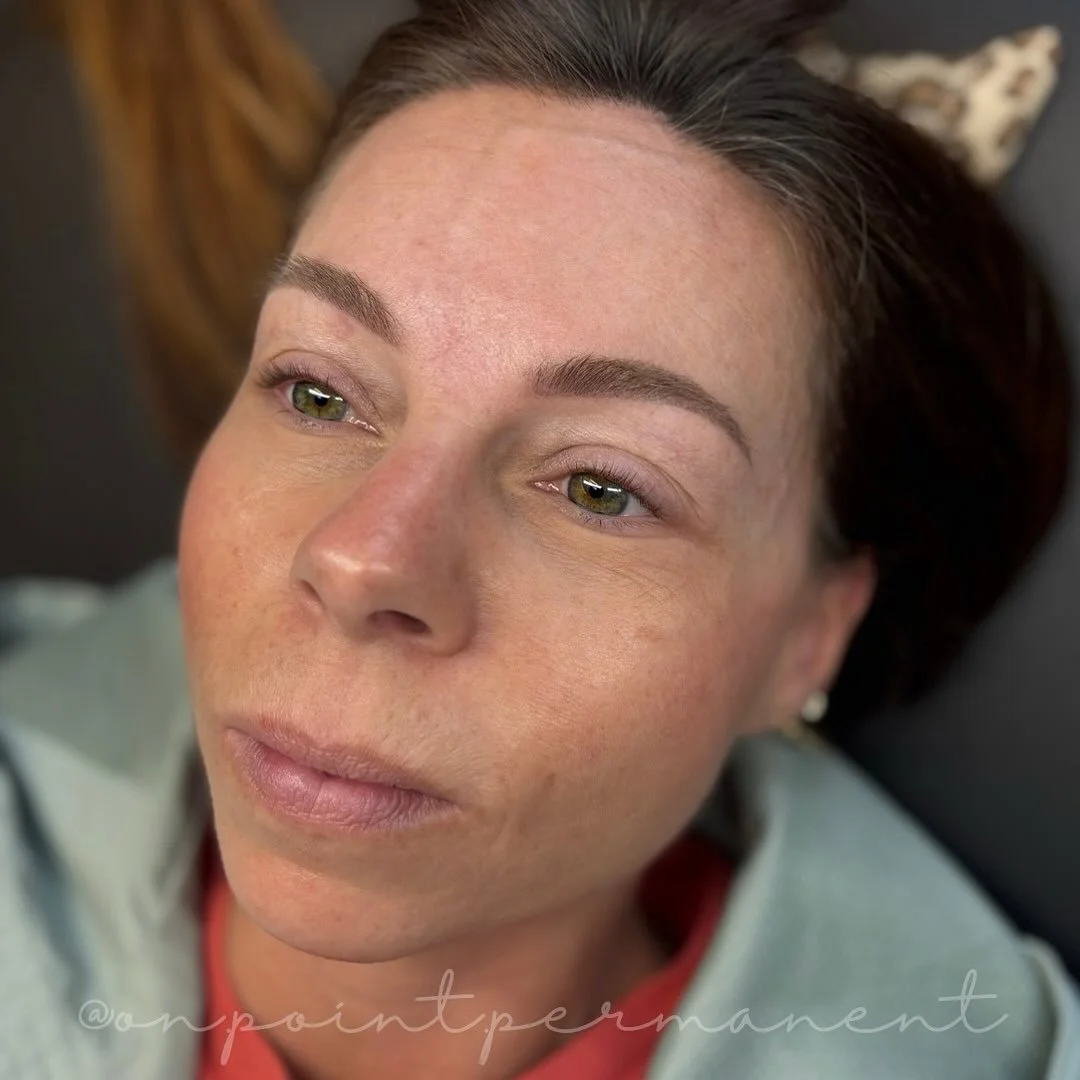 A glimpse of some healed powder brows BEFORE a minor touch up! The color was on point and so was the saturation and maintenance of her natural FLUFF! We opted for a dark brown modified for some warmth in her first appointment and I am thrilled with h