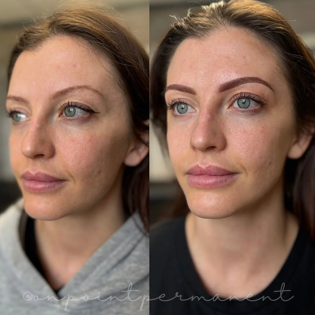 I love me a fresh set of powder brows. Adding the definition and the shape back to this beautiful face! She had her brows done somewhere else several years ago and was looking for an updated take on her look! These will soften as they heal leaving he