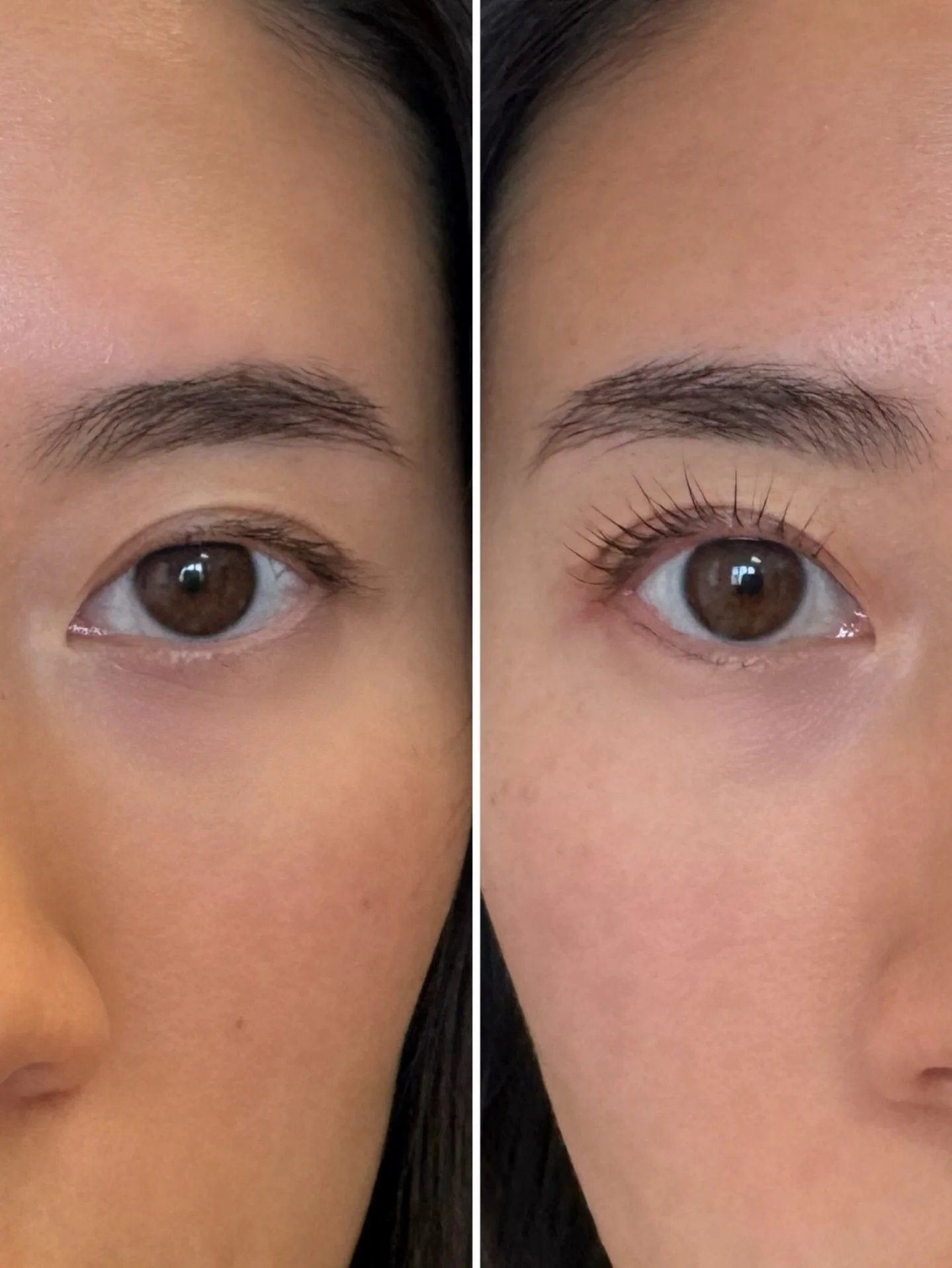 A side by side comparison of my unlifted lashes vs lifted! My lashes naturally grow downward and I love how lash lifts make my eyes look so much more bright and awake! 

For more information including booking, please refer to the contact information 