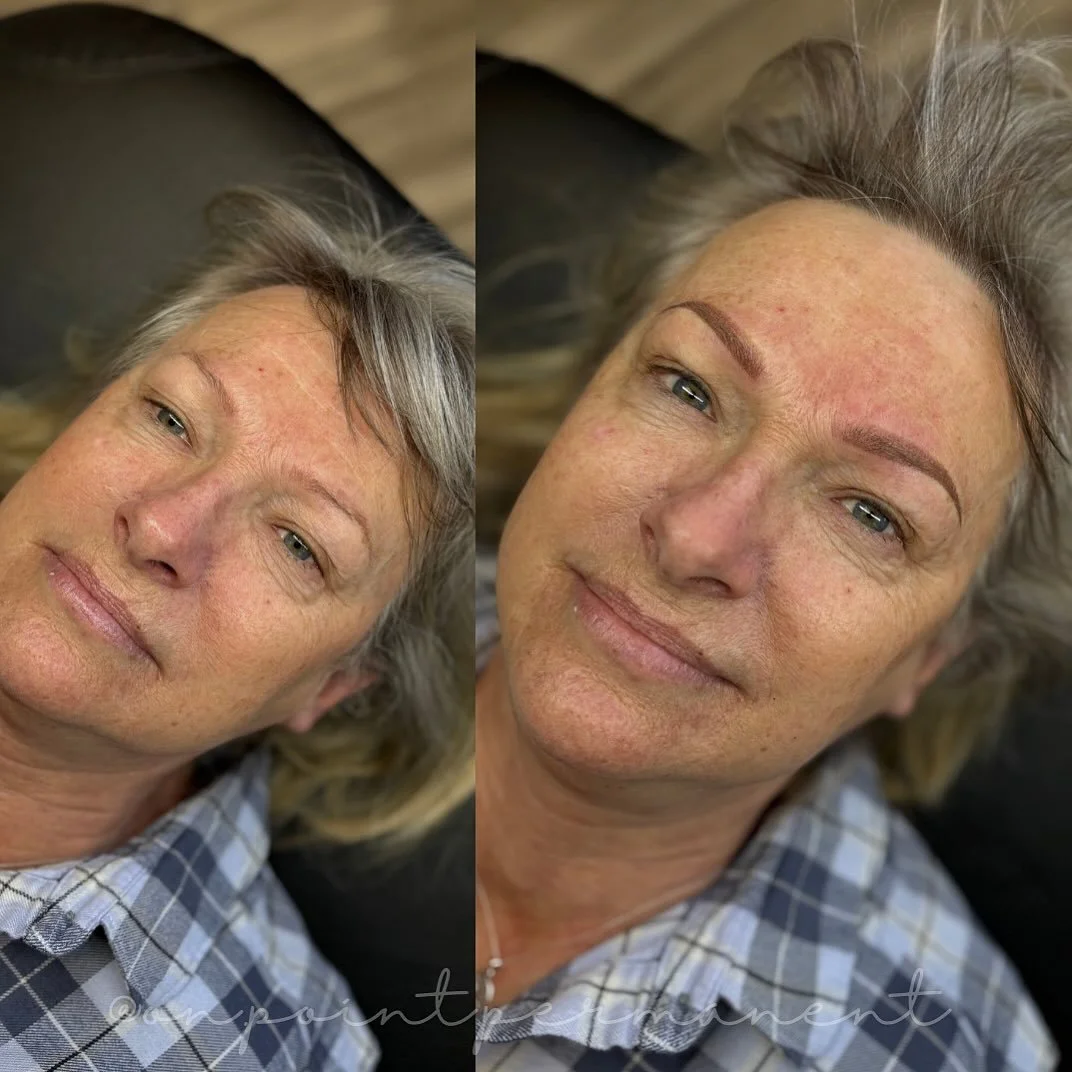 Her previous work done elsewhere from several years ago has left a slight reddish tone above and in her natural brow area. She was ready for a refresh! With cases like this, it is critical that the old work and color has faded significantly so we can