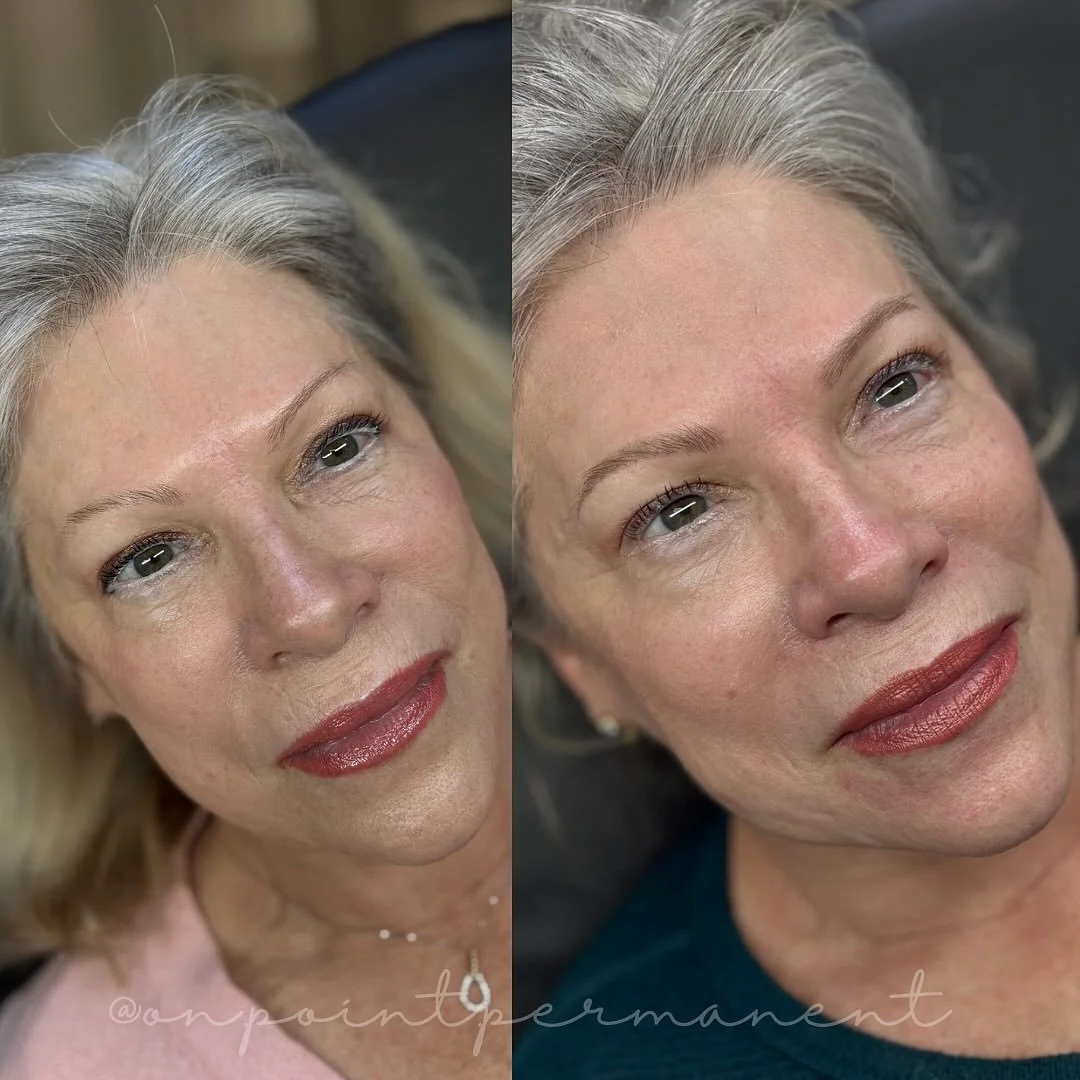 These are before (left) and healed (right) brows! Notice how soft and subtle these are, yet they really add shape and stature to the brow. Brows in the healed photo look discreetly fuller because we added a shadow of color behind and slightly outside