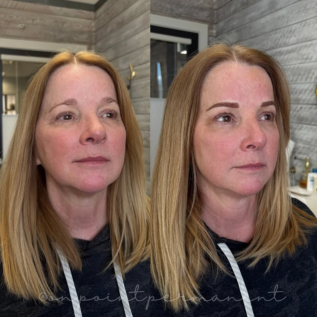 This powder brow appointment was a game changer! We lowered the front &ldquo;bulb&rdquo; of her brow (really just by trimming the hair) and then shaped them so the mid and tail section had a more uplifted look! Adding a sprinkle of color in target ar