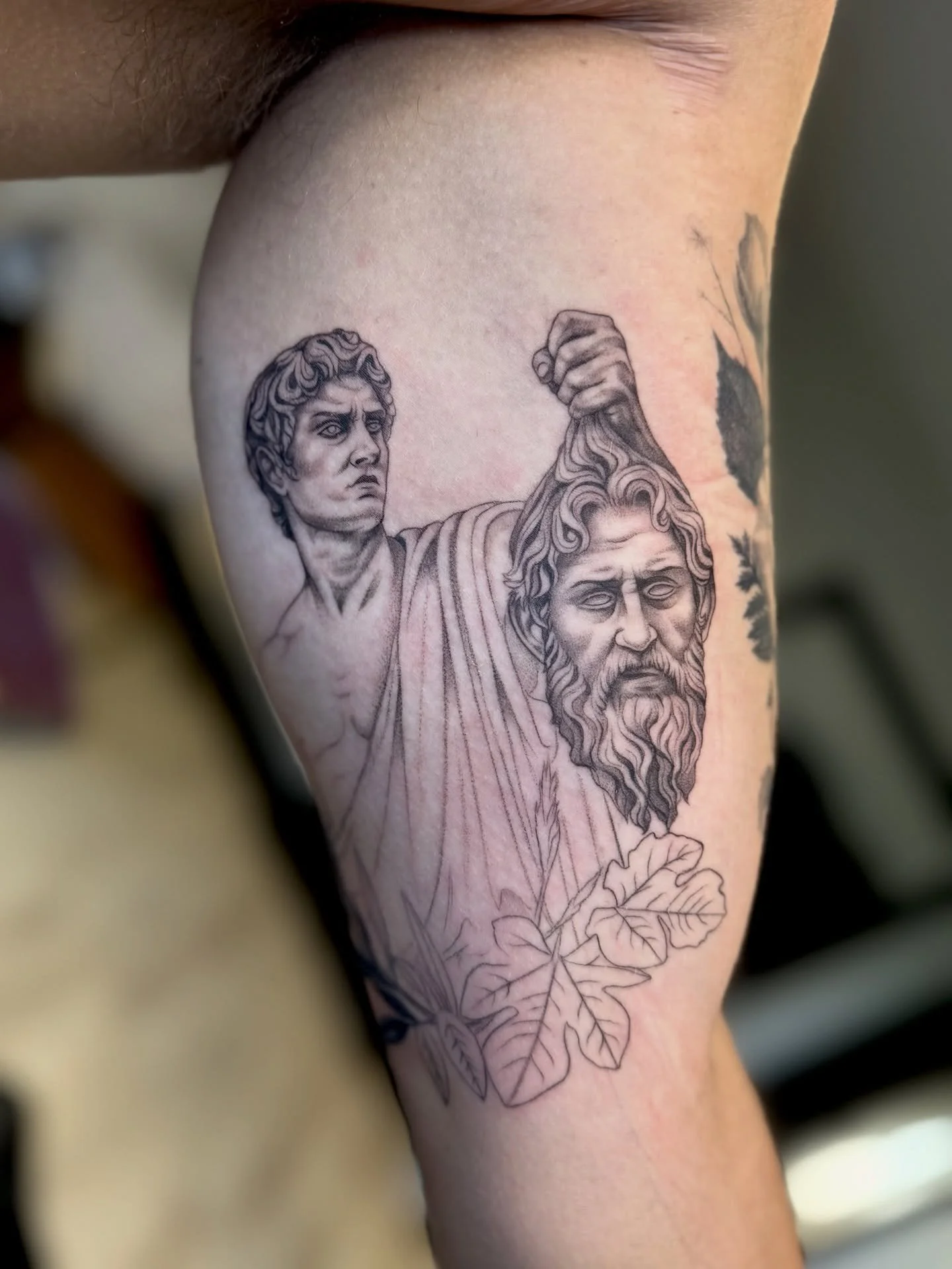 First session on this David and Goliath piece. Can&rsquo;t wait to add some contrast and finish it! 

-

-

-

-
#davidandgoliath #statuetattoo #blackngreytattoo #blackngreyrealism #3rl #3rltattoo #berthoudcolorado #fortcollinscolorado #denvertattooa