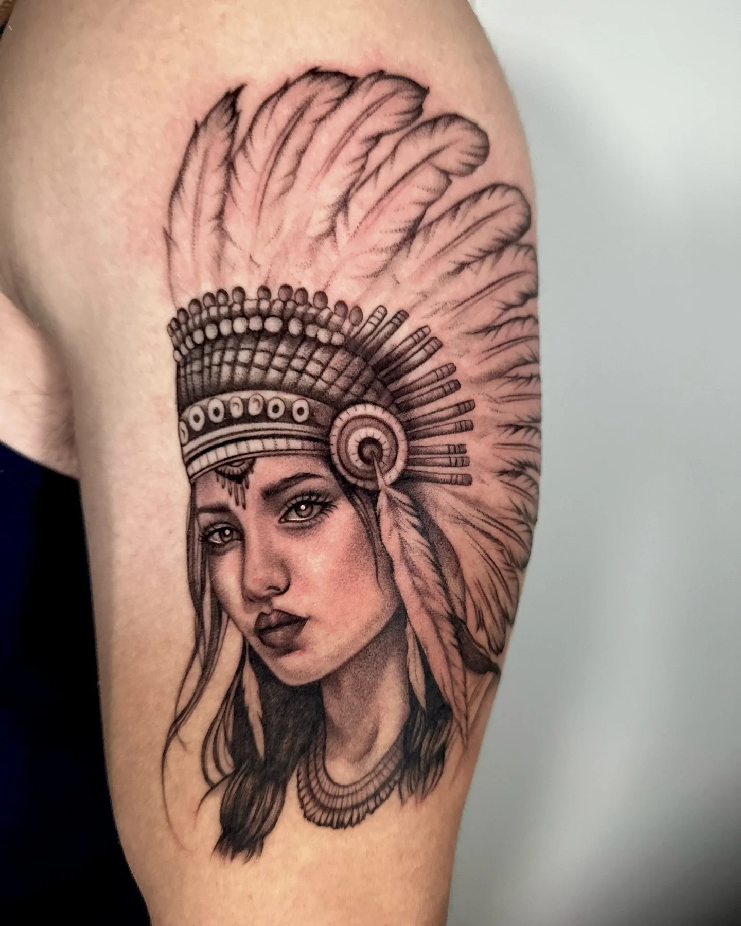 To be continued! Second portrait that I&rsquo;ve worked on. Can&rsquo;t wait to do more :) 3rl 

-

-

-

-

-

-

-
#portrait #portraits #portraittattoo #nativetattoo #headdress #ladyfacetattoo #tattoodesign #tattoo #tattooshop #tattoos #femaletatto