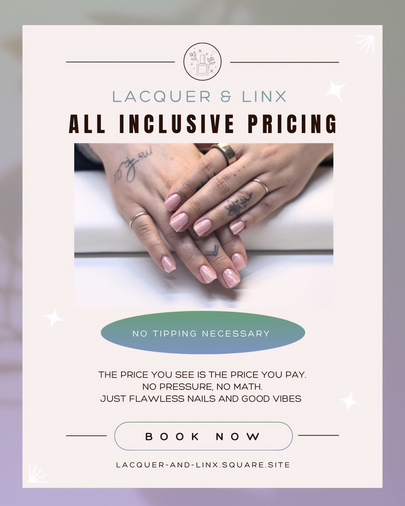 All Inclusive Pricing &bull; What does it mean? ⬇️

It means that the price you see listed for your selected service is the price that you pay before you head out the door. Gratuity is not expected. No extra math and no pressure! 

I want your appoin