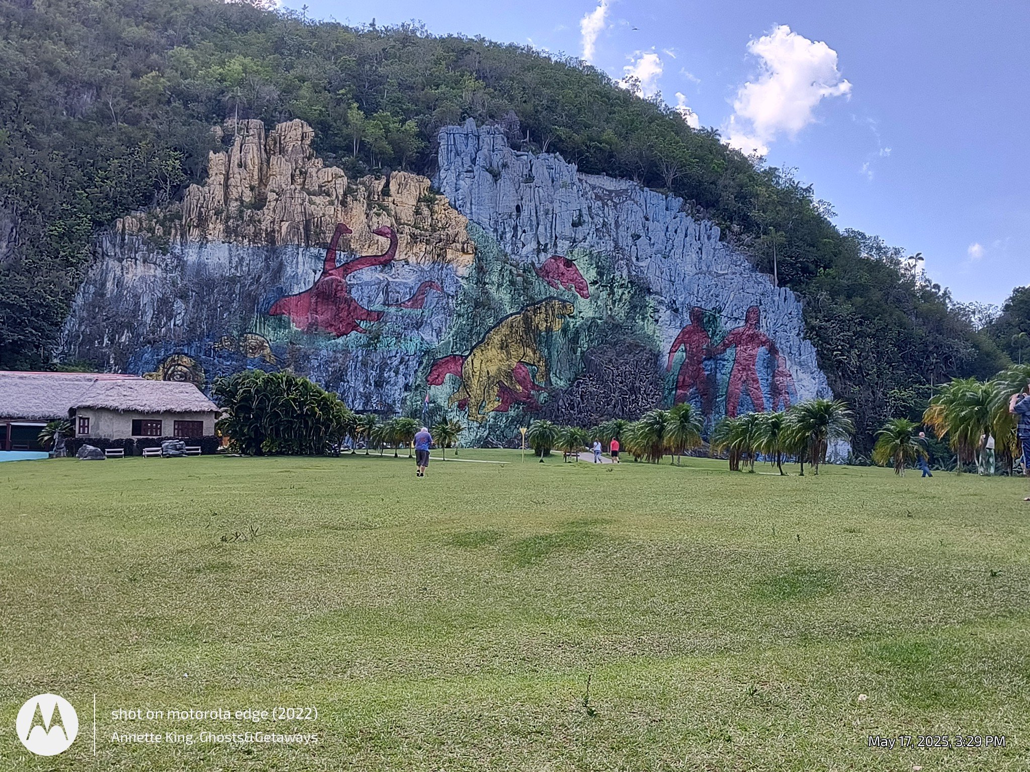 Colorful jungle-themed mural on a rocky hillside featuring dinosaurs and prehistoric creatures, located behind a grassy park area with several people walking and a small building with a thatched roof in the foreground.