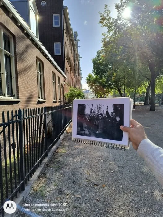 A person holding a photo album in front of a park with trees and a building, with sunlight shining through the trees.