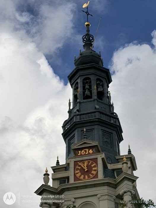 Close-up of an ornate tower with a clock, roof decorations, and a weather vane featuring a bird at the top, against a cloudy sky.