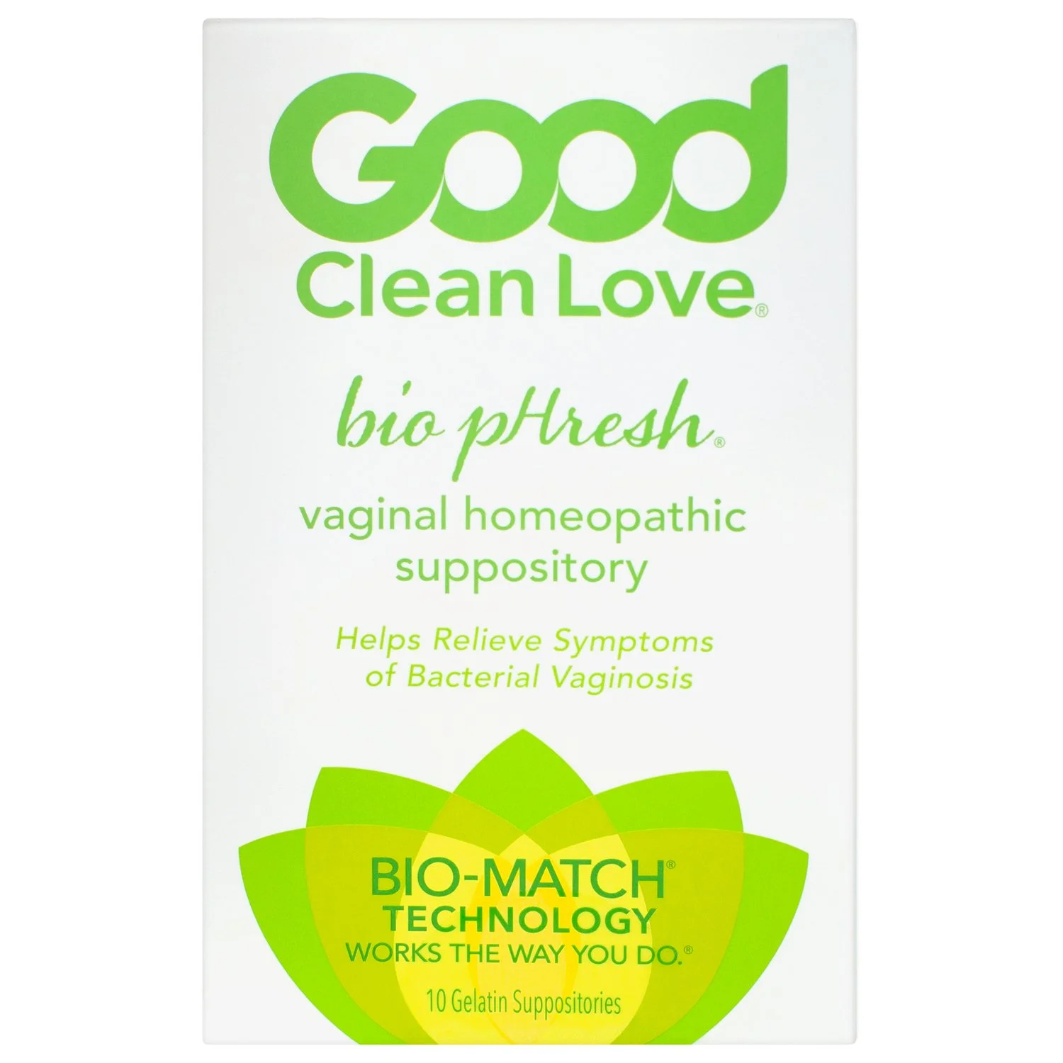 Packaging of Good Clean Love bio pHresh vaginal homeopathic suppositories with green and white design and text.