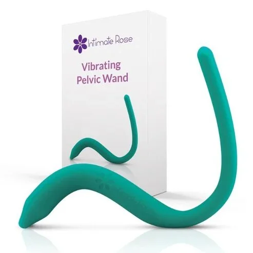 A vibrating pelvic wand placed next to its packaging box labeled 'Intimate Rose Vibrating Pelvic Wand'.