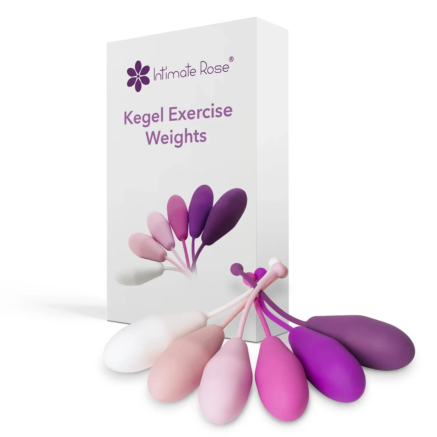 Box of Kegel exercise weights called Intimate Rose with purple and pink silicone weights shaped like balloons, arranged in front of the packaging.