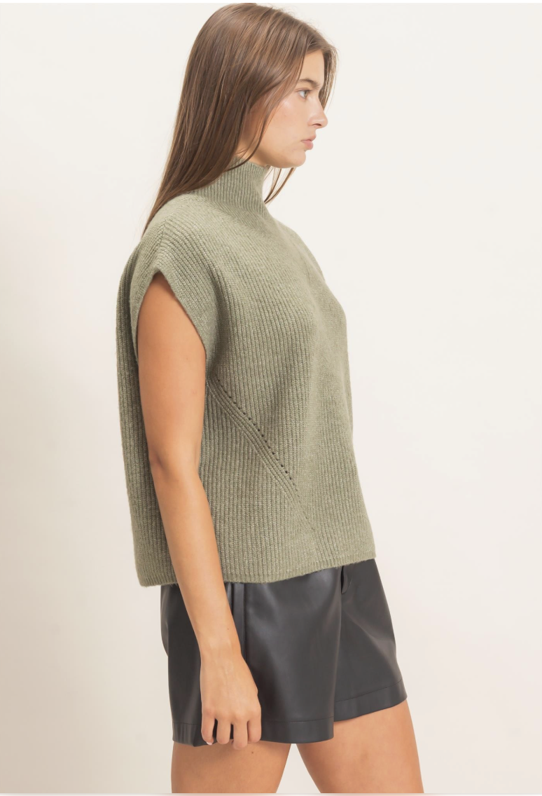 Olive Green Mock Neck Sleeveless Sweater