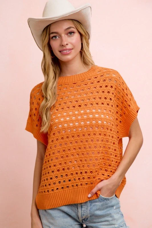 Heidi-Relaxed Short Sleeve Open Knit Top