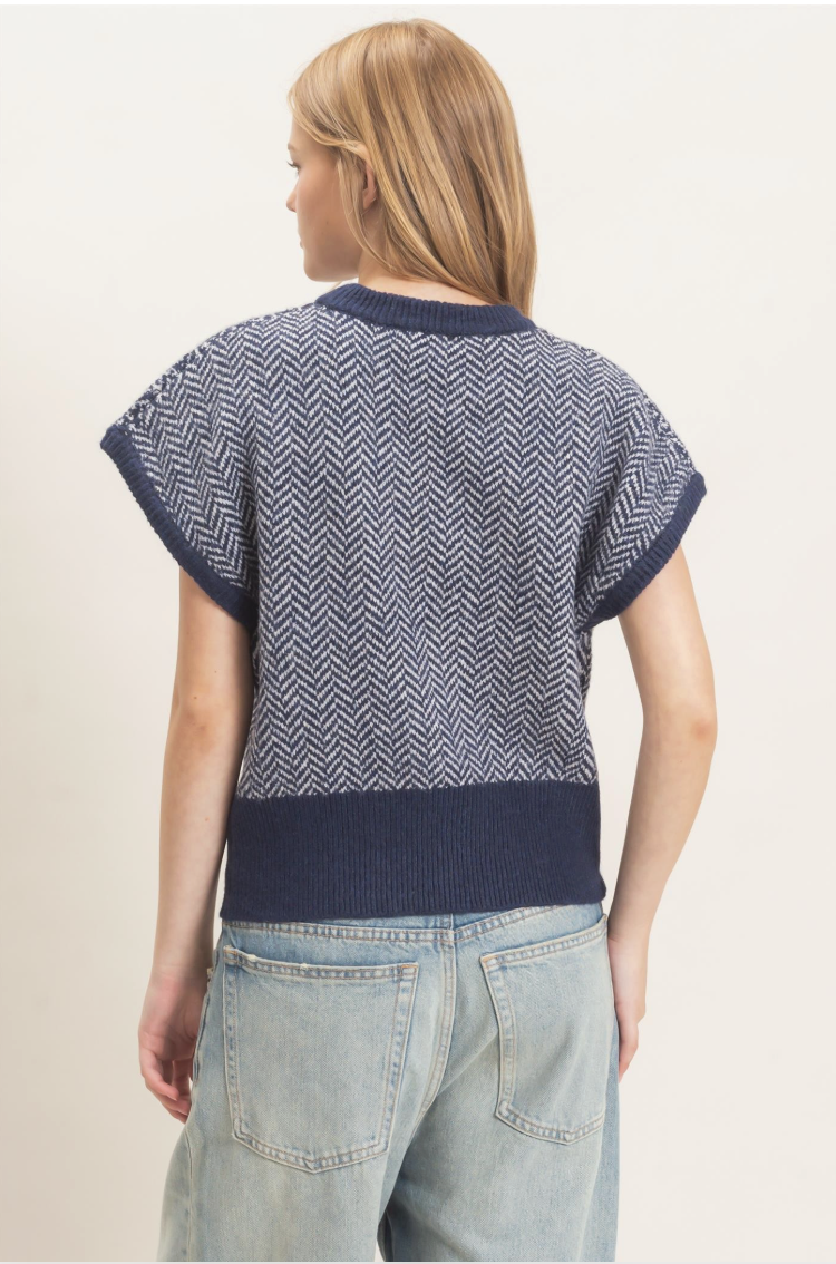 Navy Blue/White Chevron Cap Sleeve Knit Sweater
