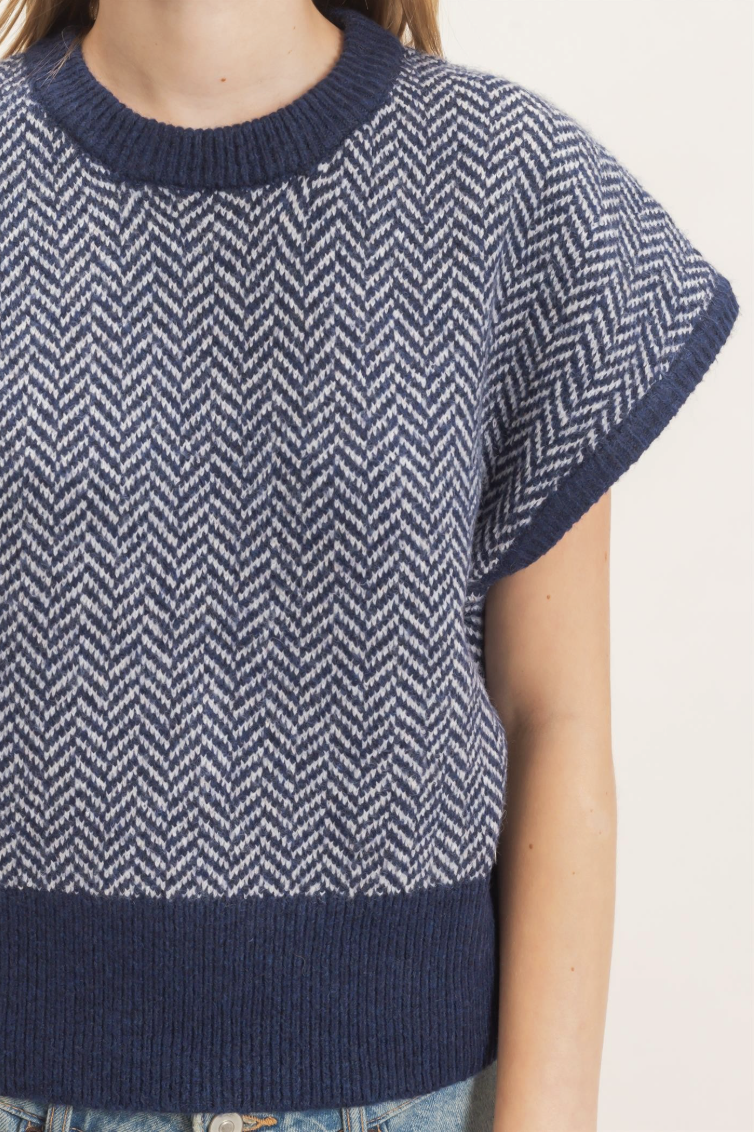 Navy Blue/White Chevron Cap Sleeve Knit Sweater