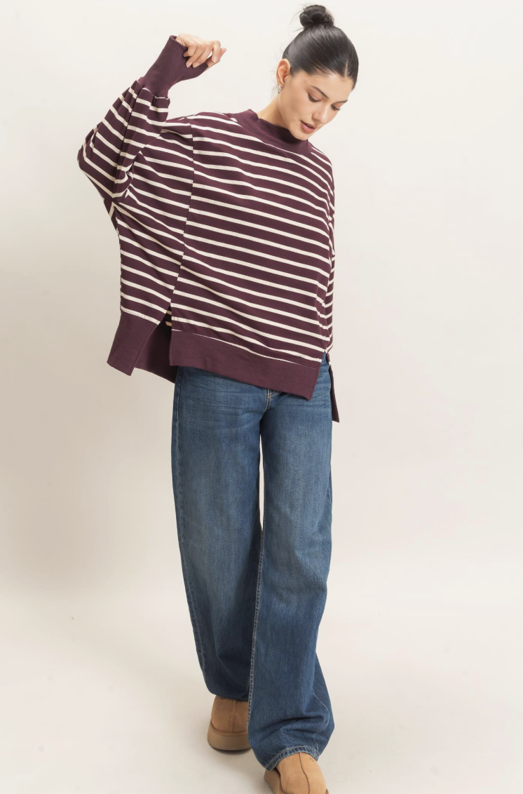 Tammy-Striped Mock Neck Pullover