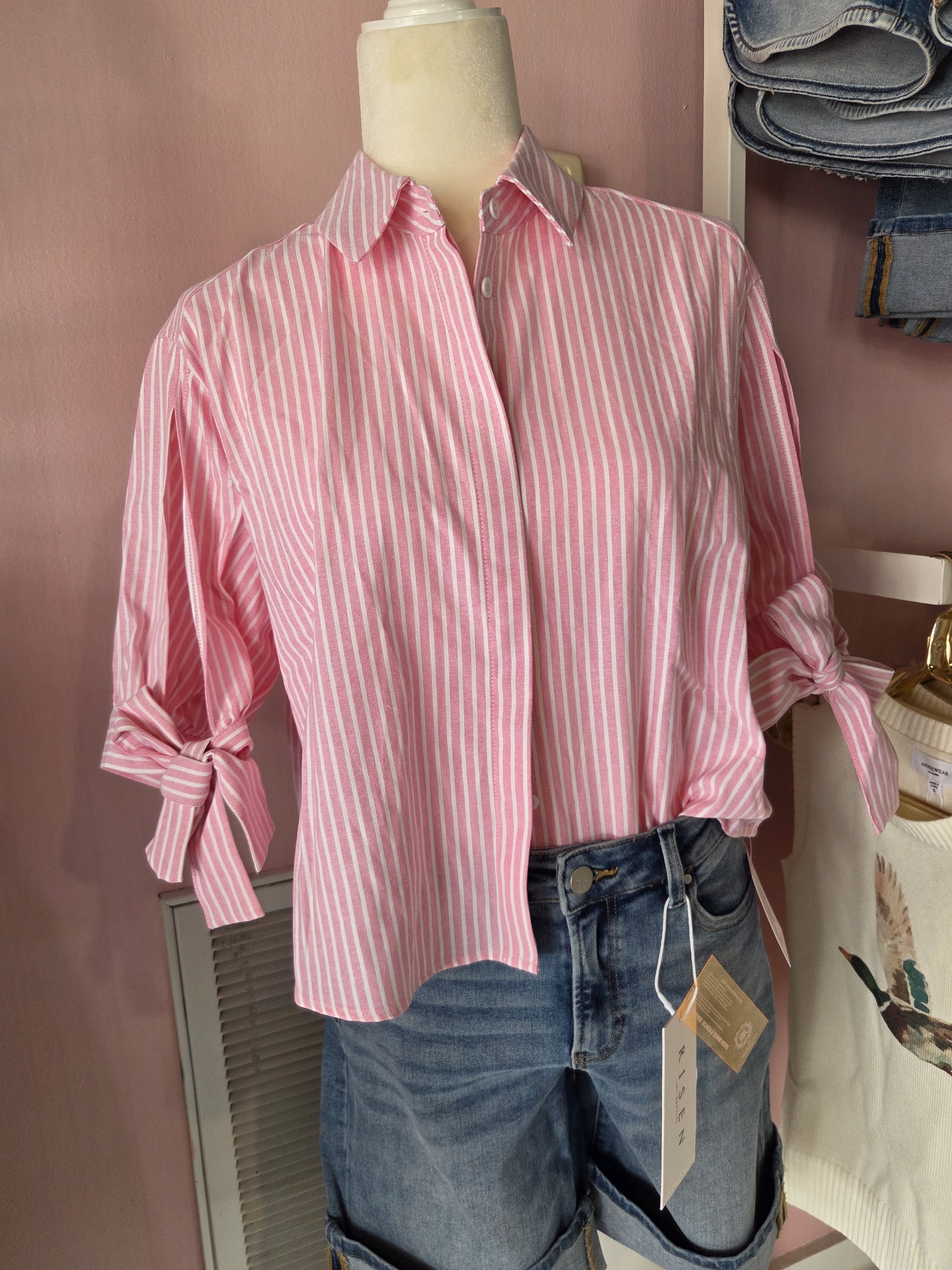 Bo-Button Up Shirt With Tied Sleeve