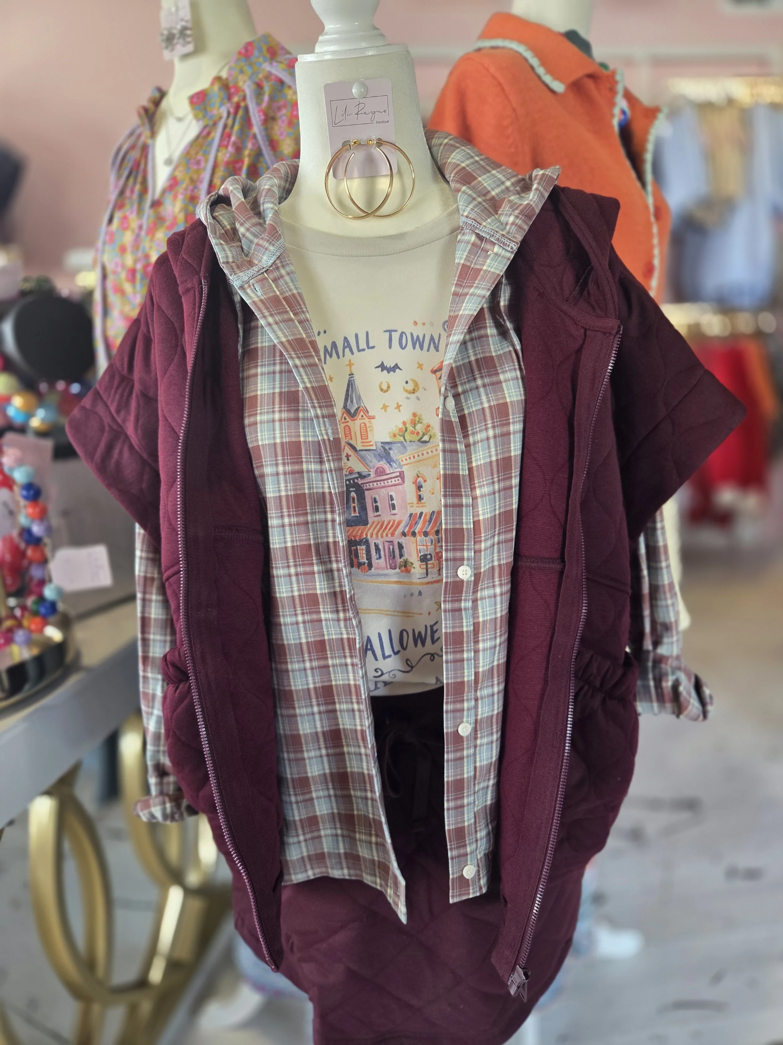 Carly-Plaid Drawstring Button-Up Hoodie
