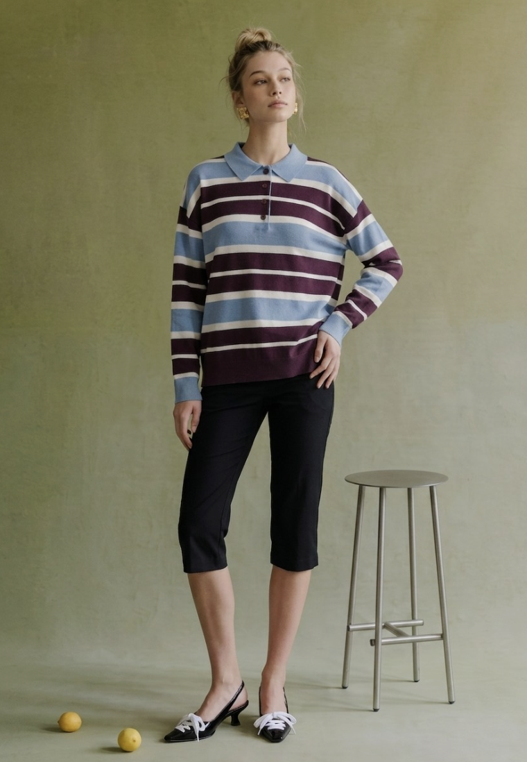 Dora-Multi Stripe Eggplant, Ivory, Dusty Blue Oversized Polo