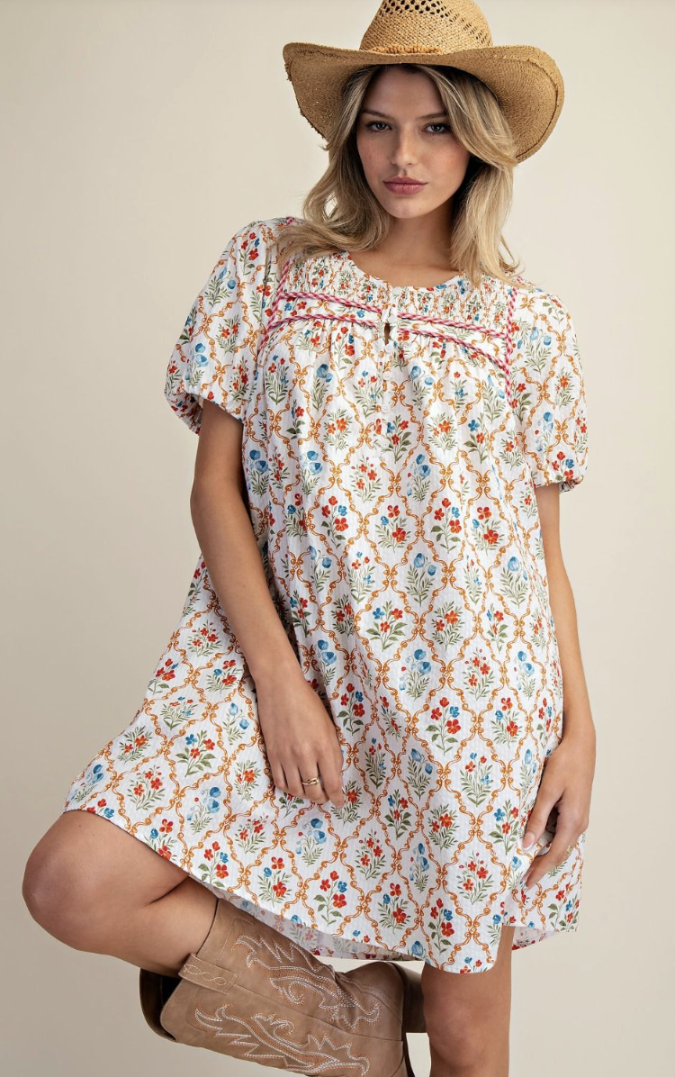 Floral Printed Cotton Seersucker Dress