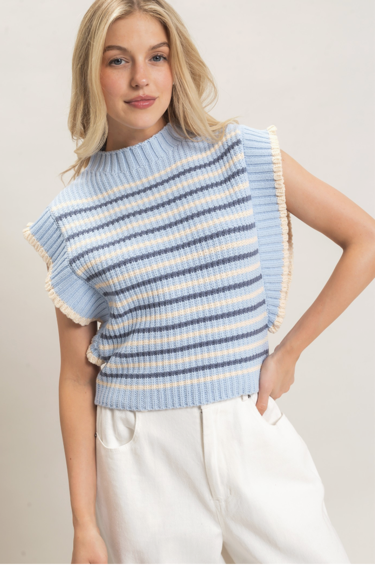 Angela-Striped Ruffle Sleeve Sweater