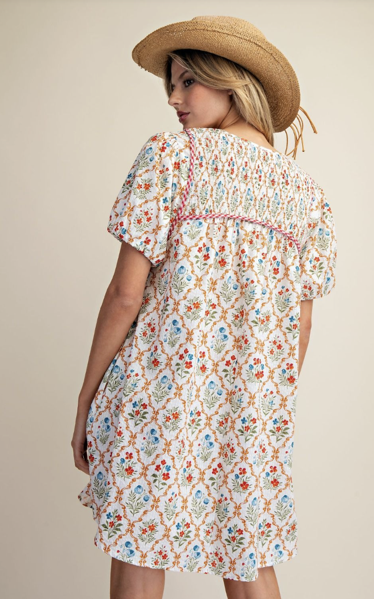 Floral Printed Cotton Seersucker Dress