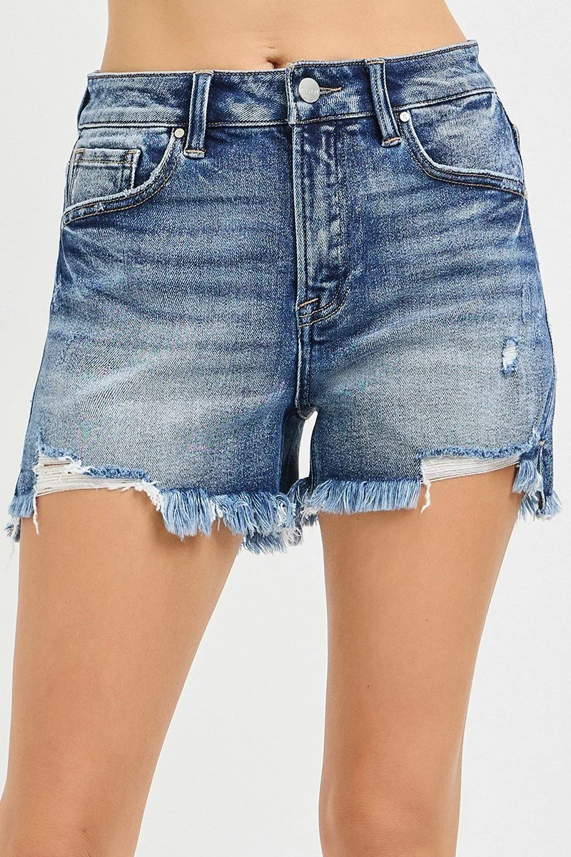 HIGH RISE DISTRESSED WASHED STEP SIDE HEM SHORTS