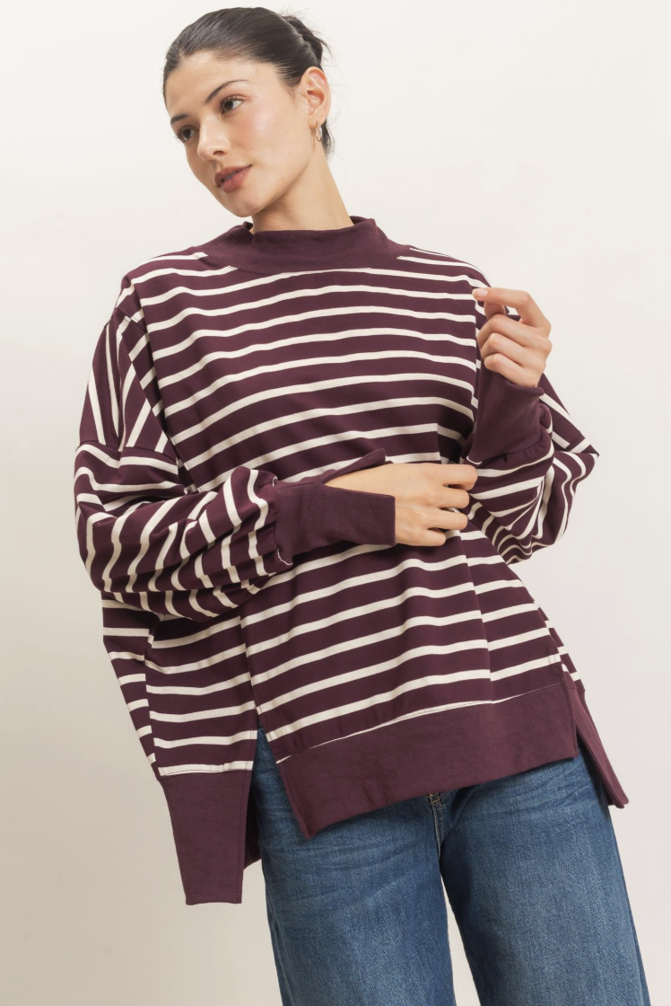 Tammy-Striped Mock Neck Pullover