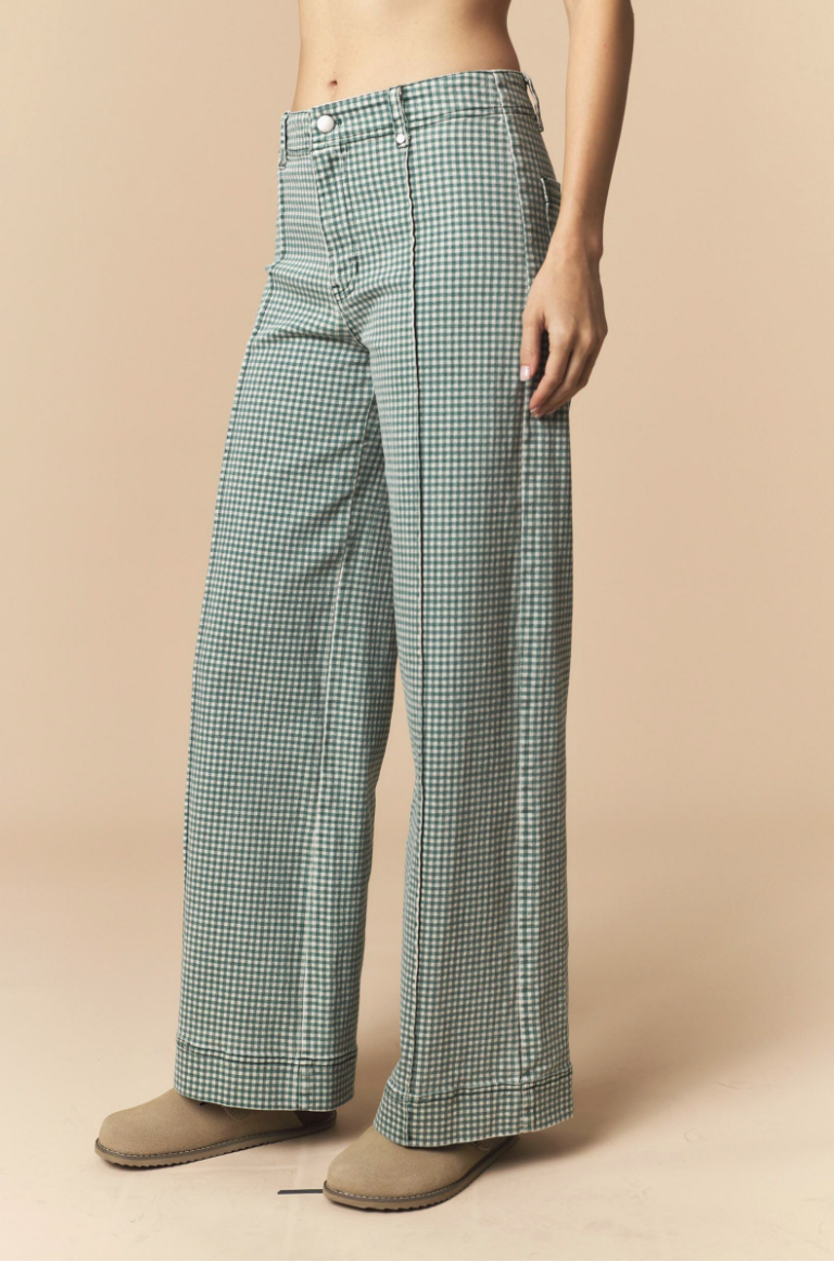 Stretchable Gingham Twill Pintuck Straight Pants
