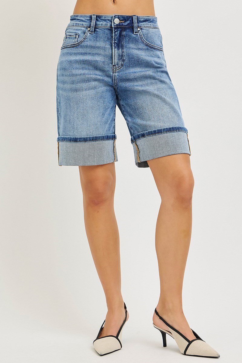 High Rise Mid Length Cuffed Denim Shorts By Risen