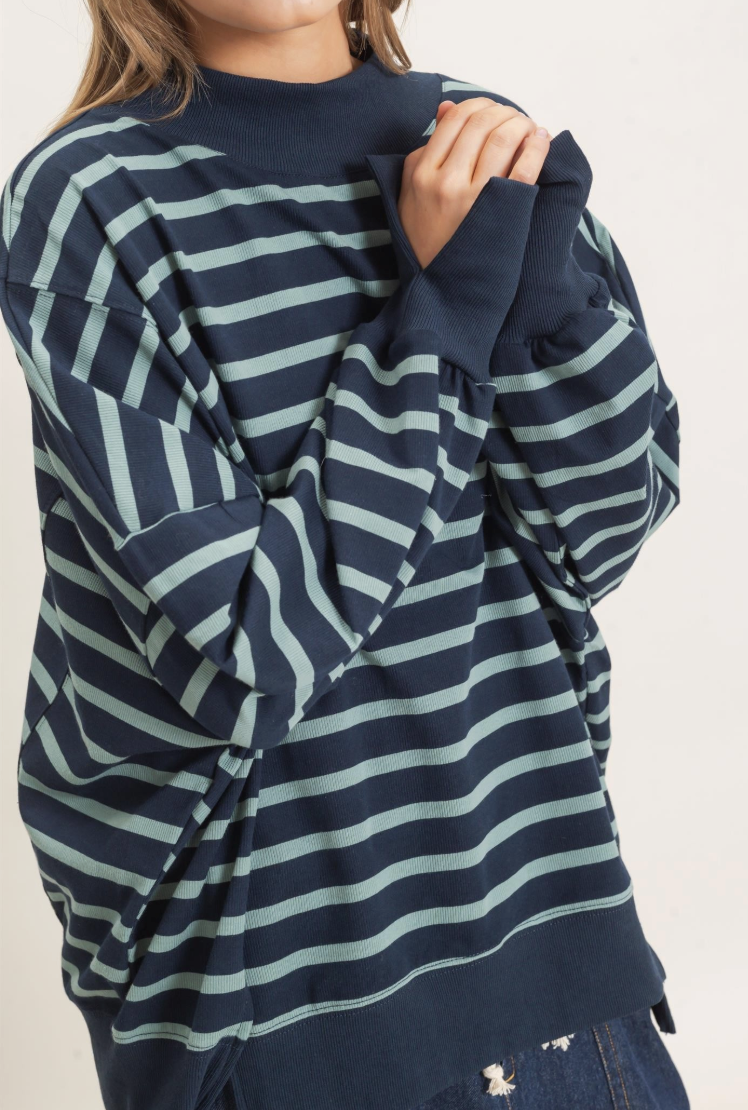 Tammy-Striped Mock Neck Pullover