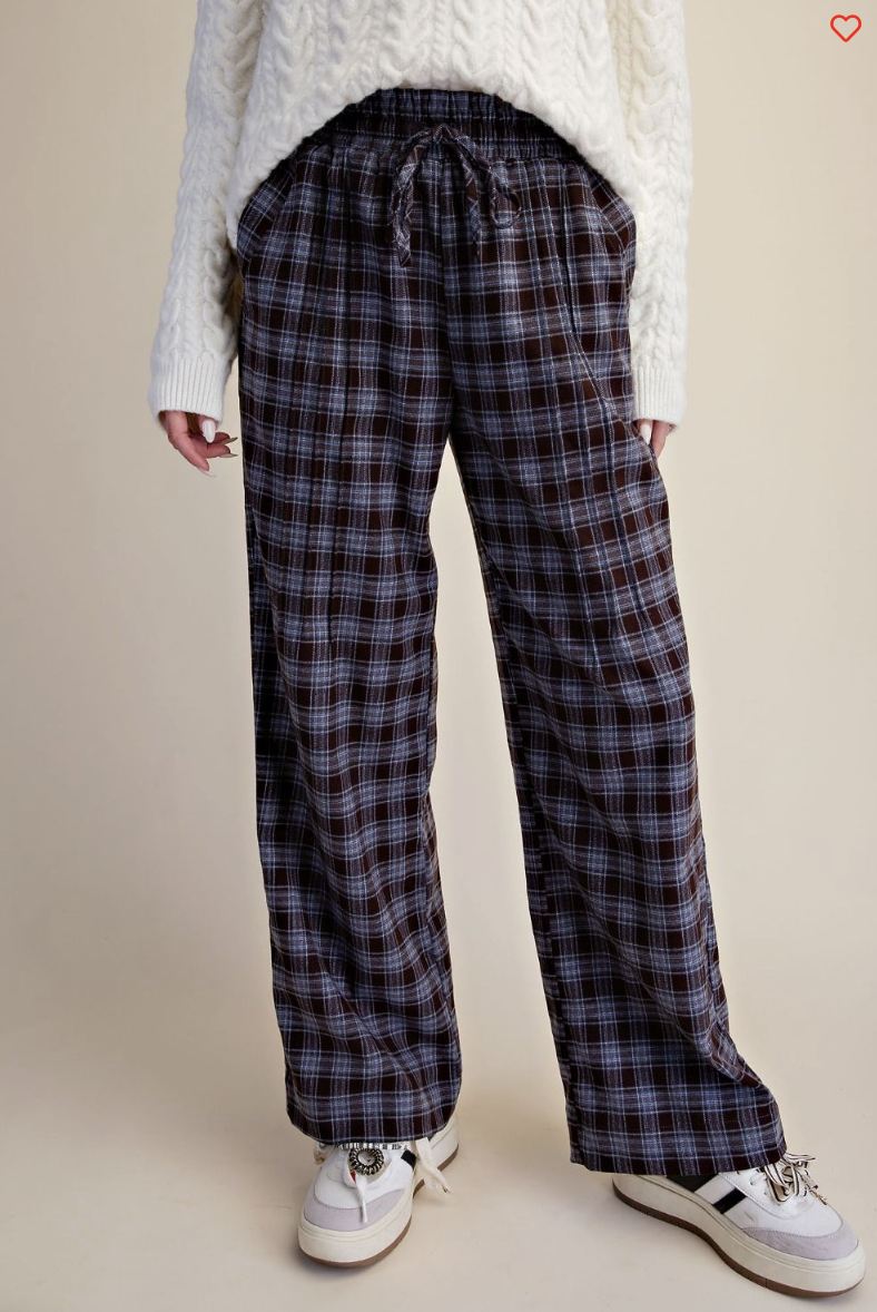 Shawna-Blue and Brown Plaid Wide Leg Pant
