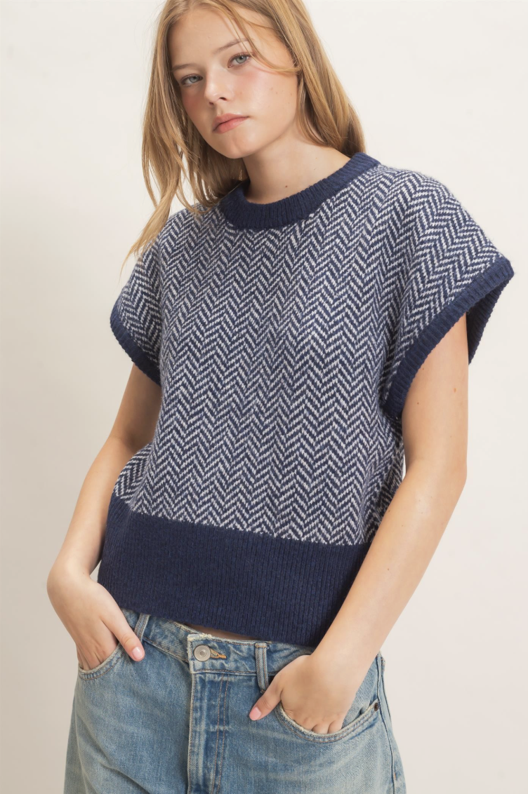 Navy Blue/White Chevron Cap Sleeve Knit Sweater