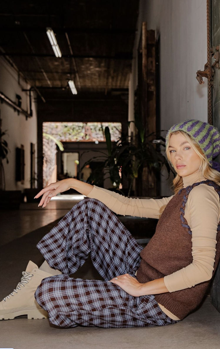 Shawna-Blue and Brown Plaid Wide Leg Pant