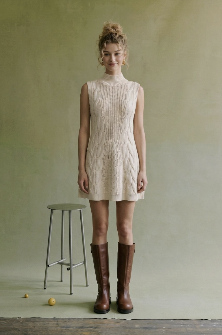 Amber-Cream Cable Knit Mock Neck Mini Dress