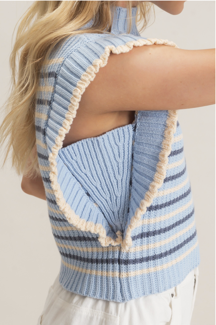 Angela-Striped Ruffle Sleeve Sweater